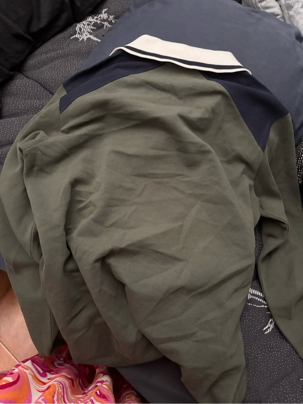 Moncler Olive Green Jacket with Navy Yoke and White-Trim Collar